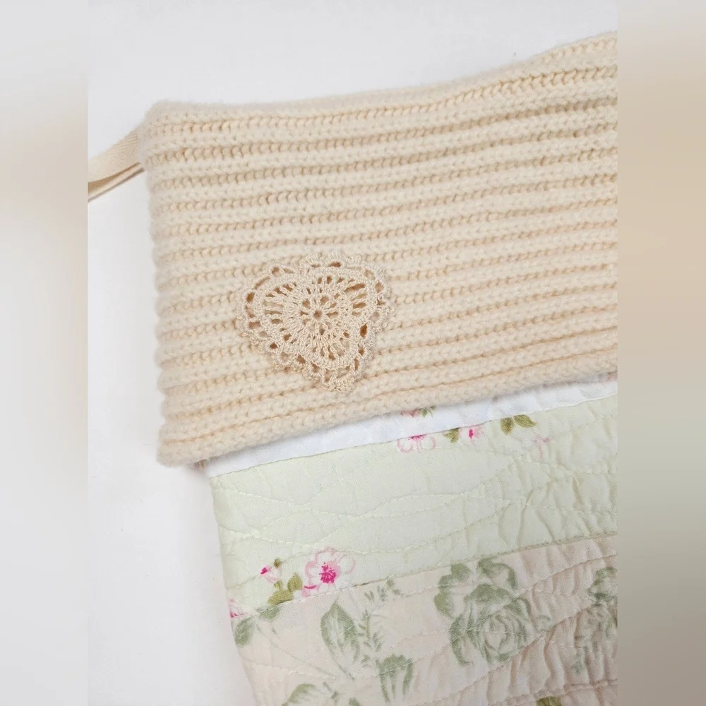 Upcycled Quilted Shabby Chic Christmas Stocking Ivory and Pink Floral